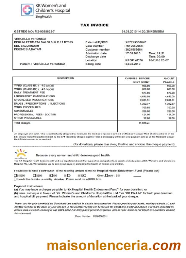 Singapore KK Women' s and Children 's Hospital tax tekst faktury i szablon PDF